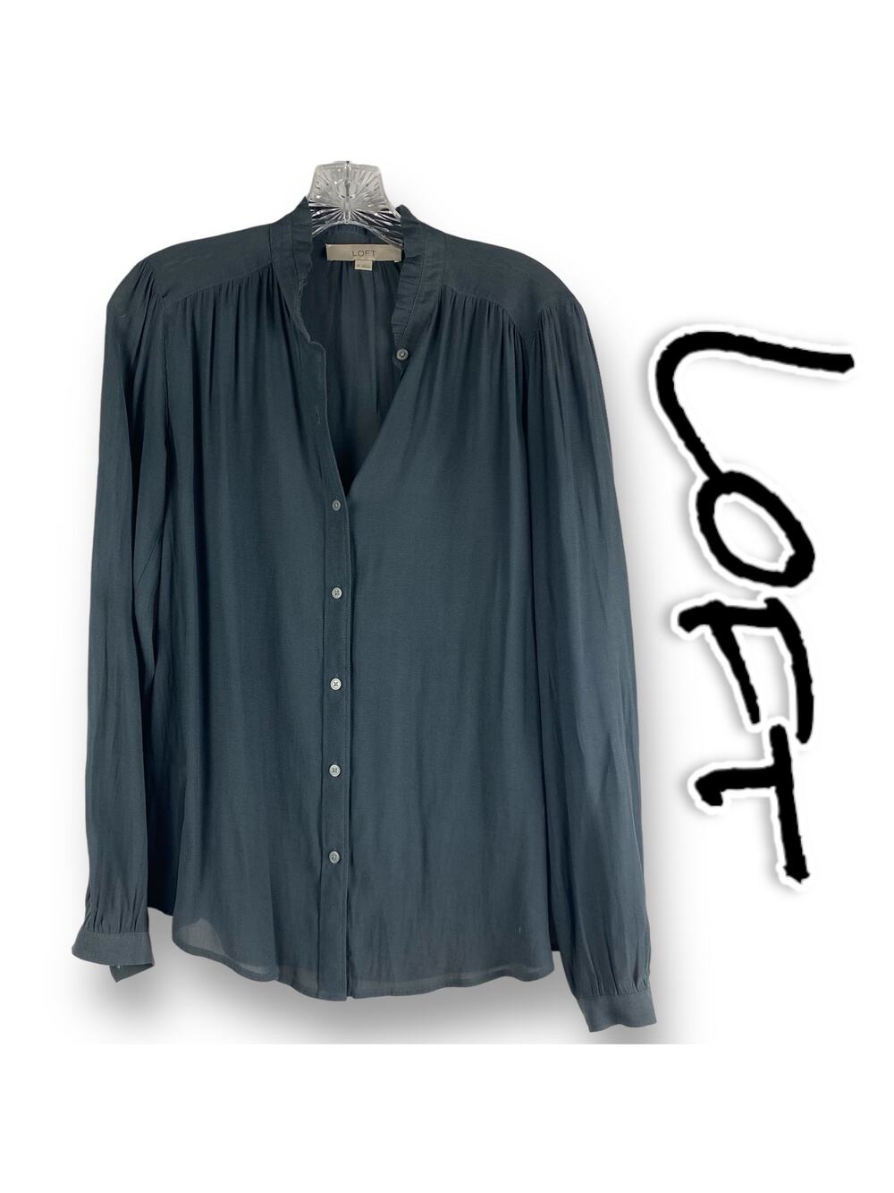 Loft Sheer Ruffle Banded Collar Gray Blouse Womens Size XS